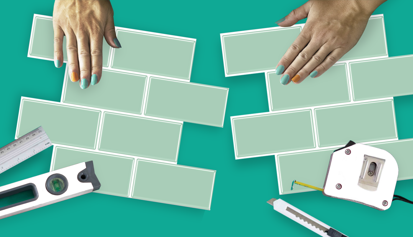 10 Creative ways to use peel and stick wall tiles: an image of pint green subway tiles and tools required