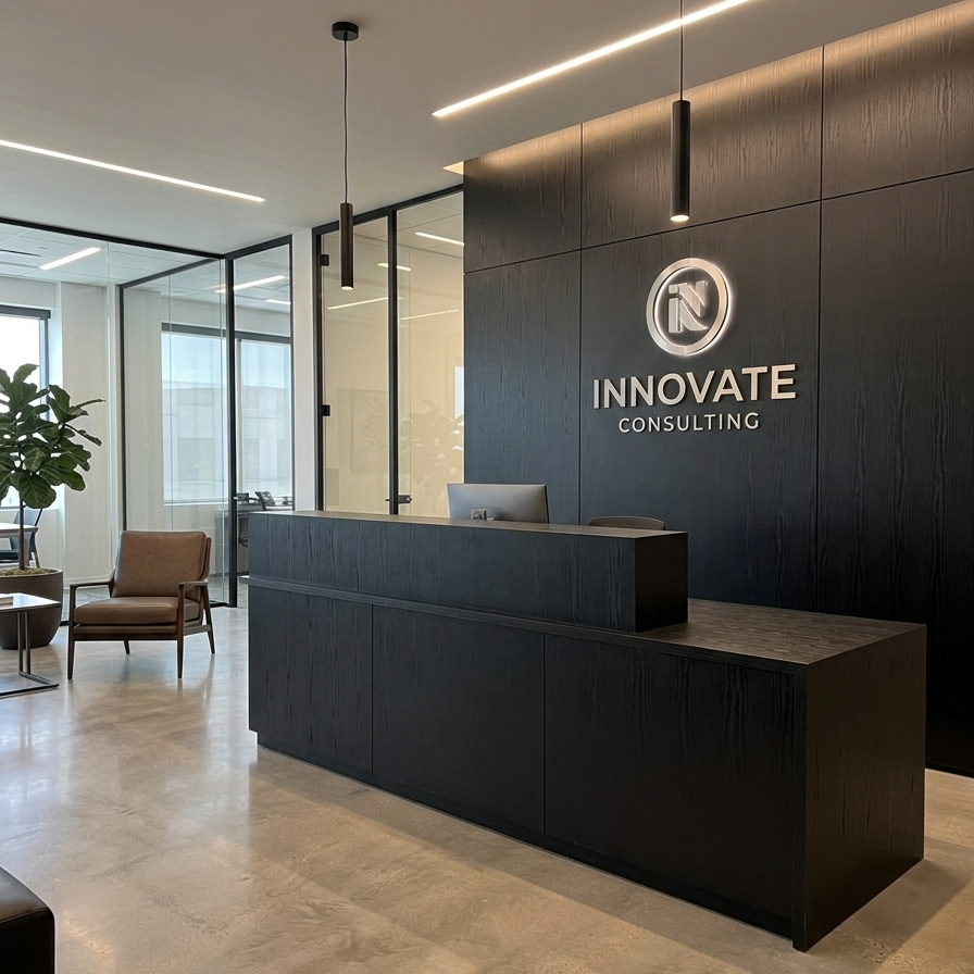 Modern office interior with a reception desk and 'Innovate Consulting' logo on the wall.