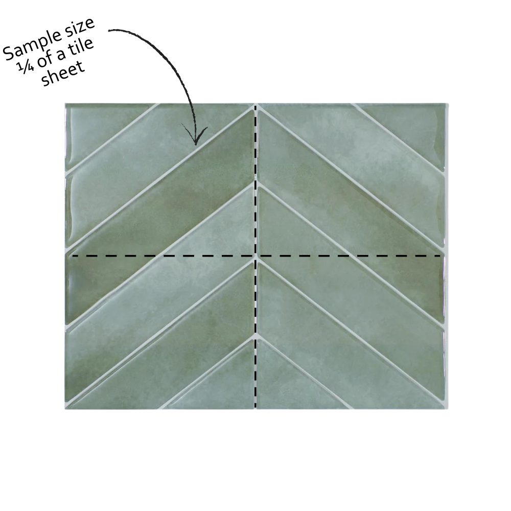 A diagram showing a quarter sheet of wall tile with a suggested layout for cutting to create a chevron pattern.