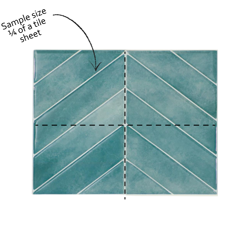 A diagram showing a quarter sheet of wall tile with a suggested layout for cutting to create a chevron pattern.