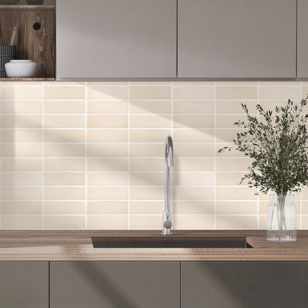 Stacked Subway Wall Tile | Cream with White Grout - 30.5cm (W) x 30.5cm (H) x 1.2mm (T)