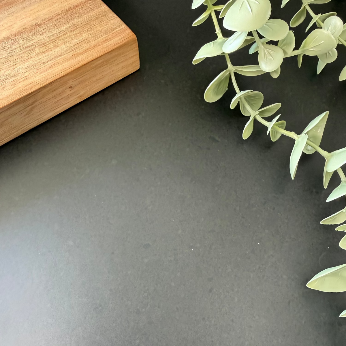 Dark grey vinyl wrapped countertop with a wooden block and green leaves on a black background