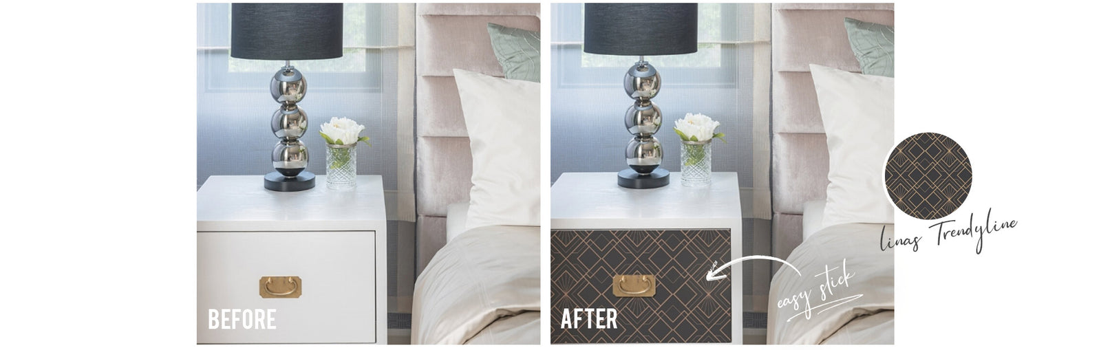 Before and after photo of white side table that has been covered with Linas trendyline sticky back plastic on the drawer front
