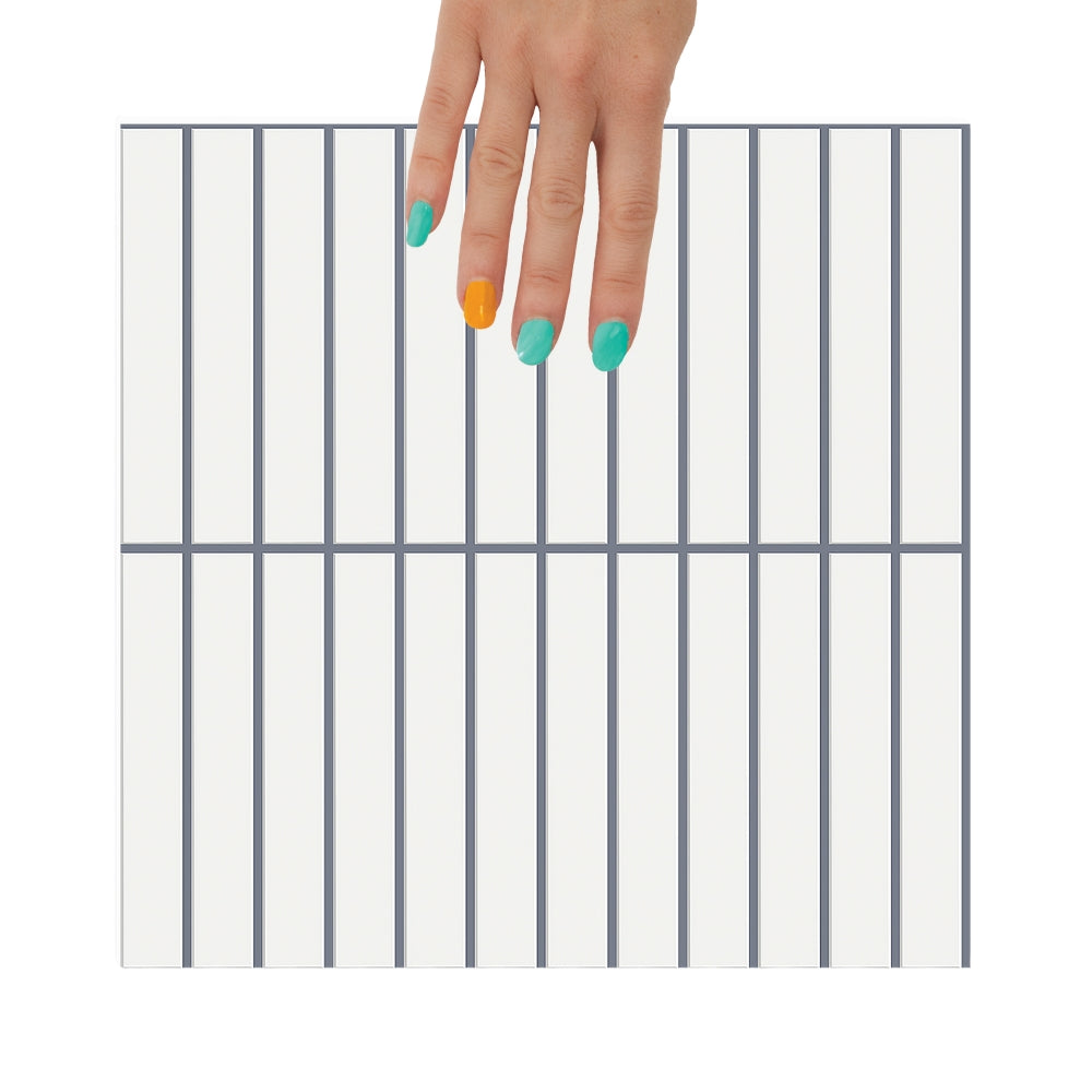 White kit kat tiles with grey grout as a kitchen splash back