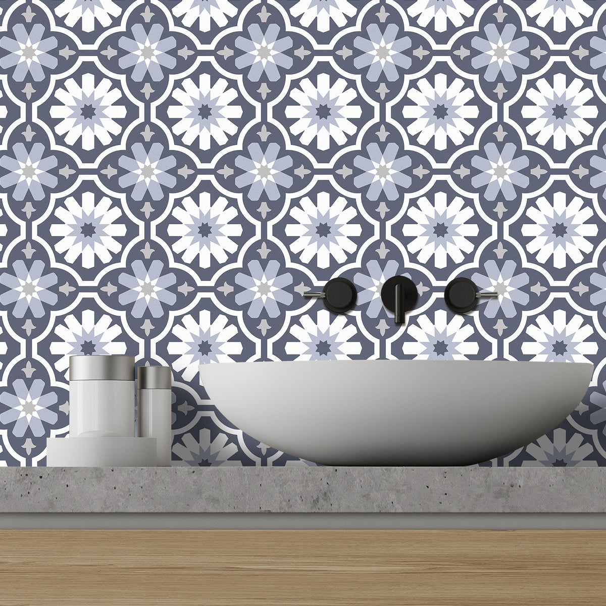 Bathroom vanity with a floral patterned wall tile