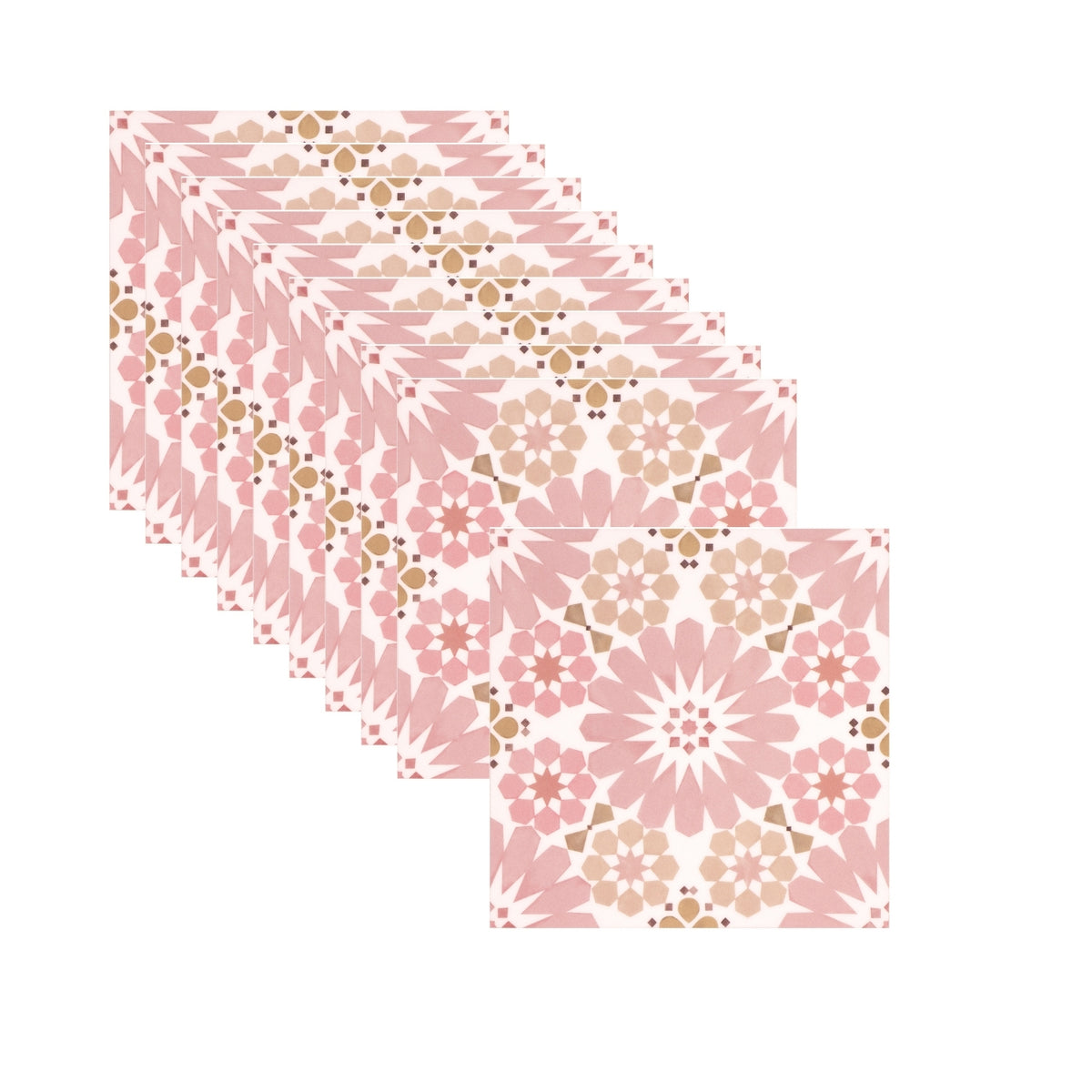 Floral patterned floor tiles with pink and gold colours on a white background