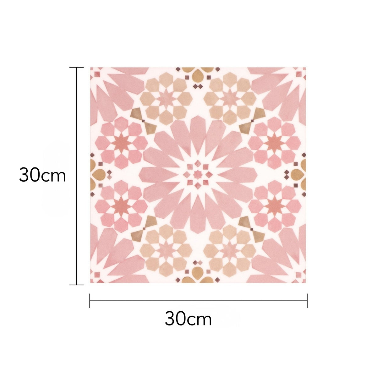 Floral patterned floor tile with dimensions indicated on a white background