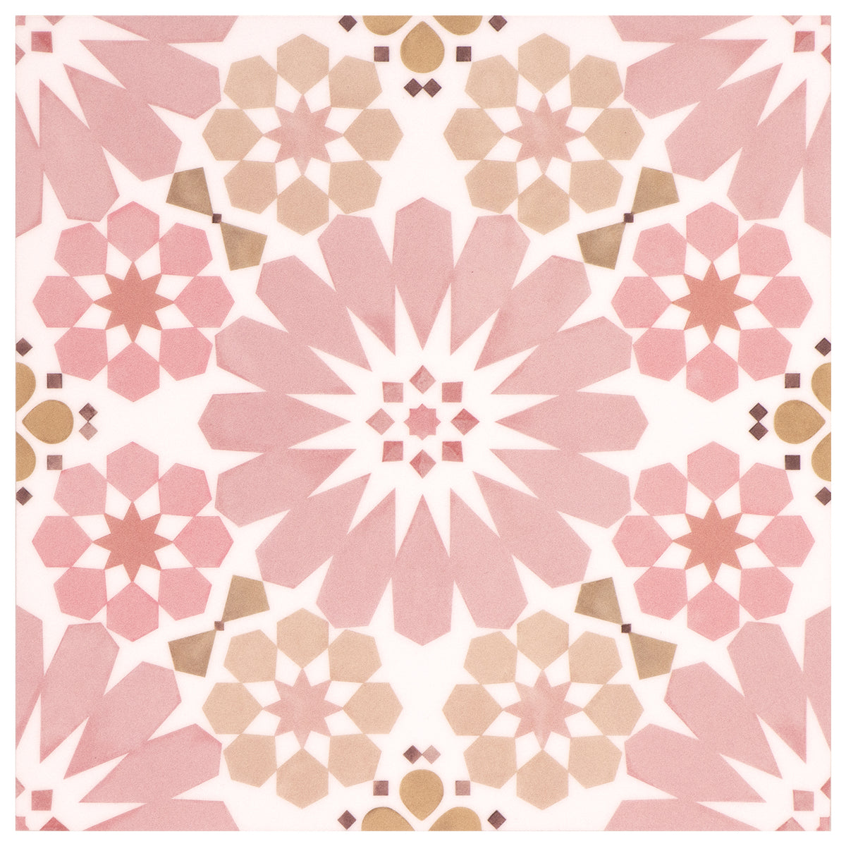 Floor tile pattern of pink and beige geometric shapes on a white background