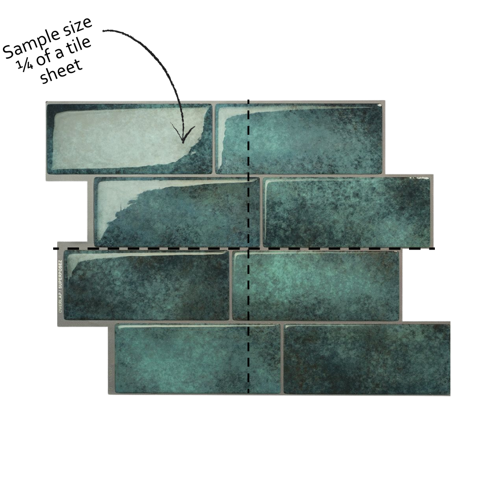 Teal ceramic tiles arranged in a pattern with sample size indication on a white background