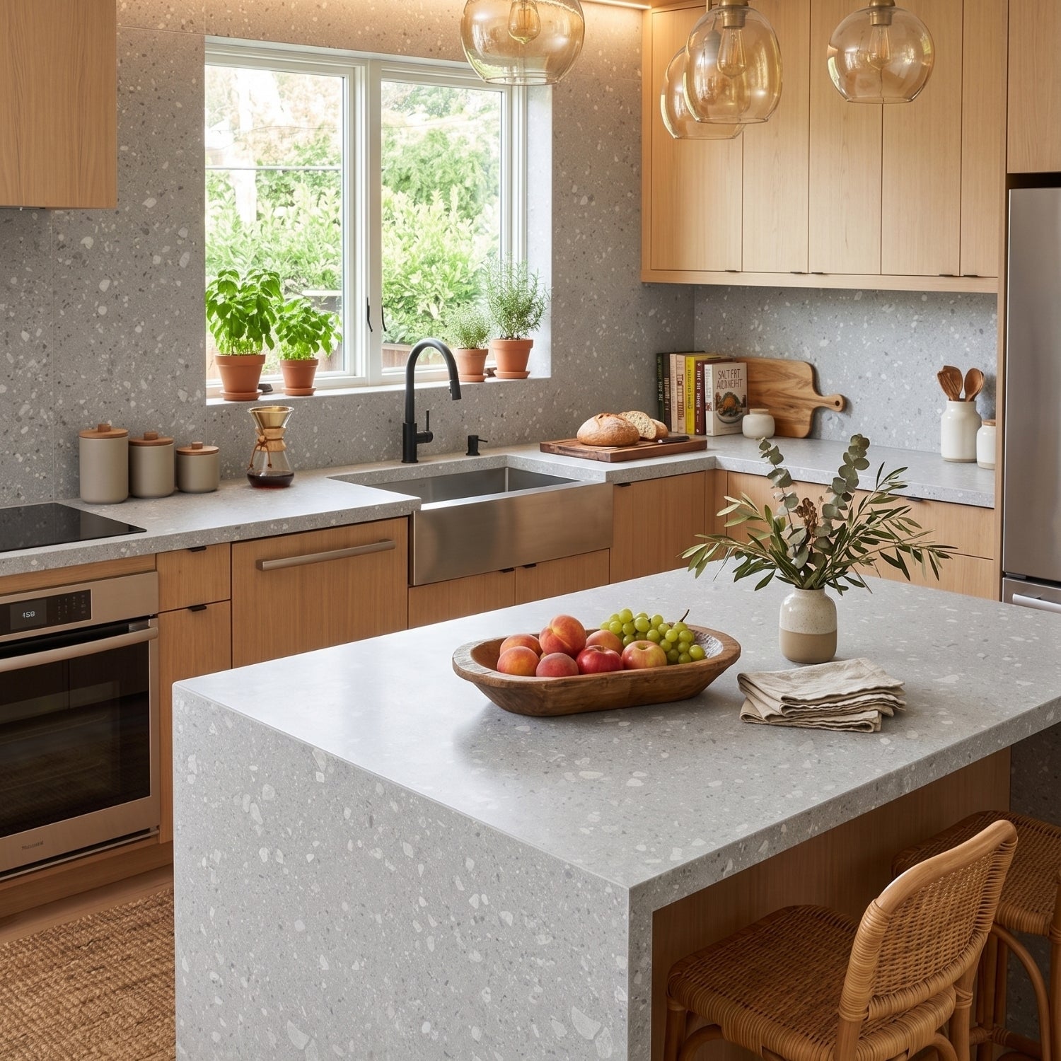 Warm kitchen with vinyl wrapped bench tops in milano stone terrazzo mid grey design