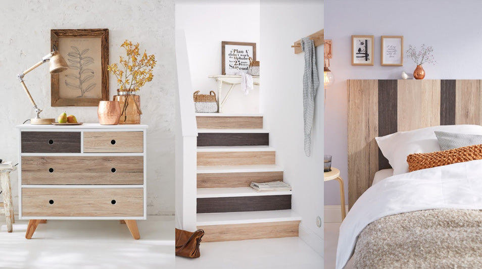 three ways to mix wood grain vinyl, to the left on a drawer, middle kickboards on stairs and to the right on a bed headboard