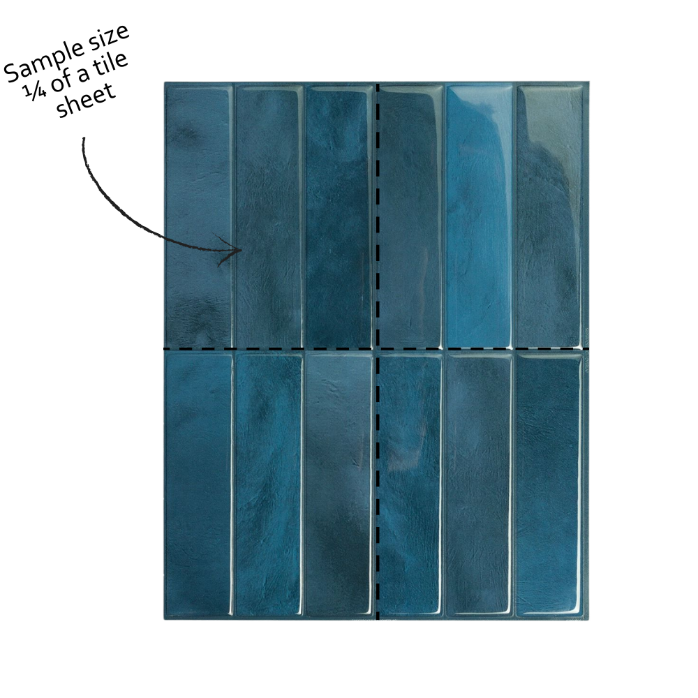 Blue tiles with a sample size indication on a white background