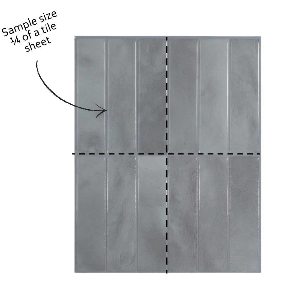 Gray tile sample with grid lines and text indicating size