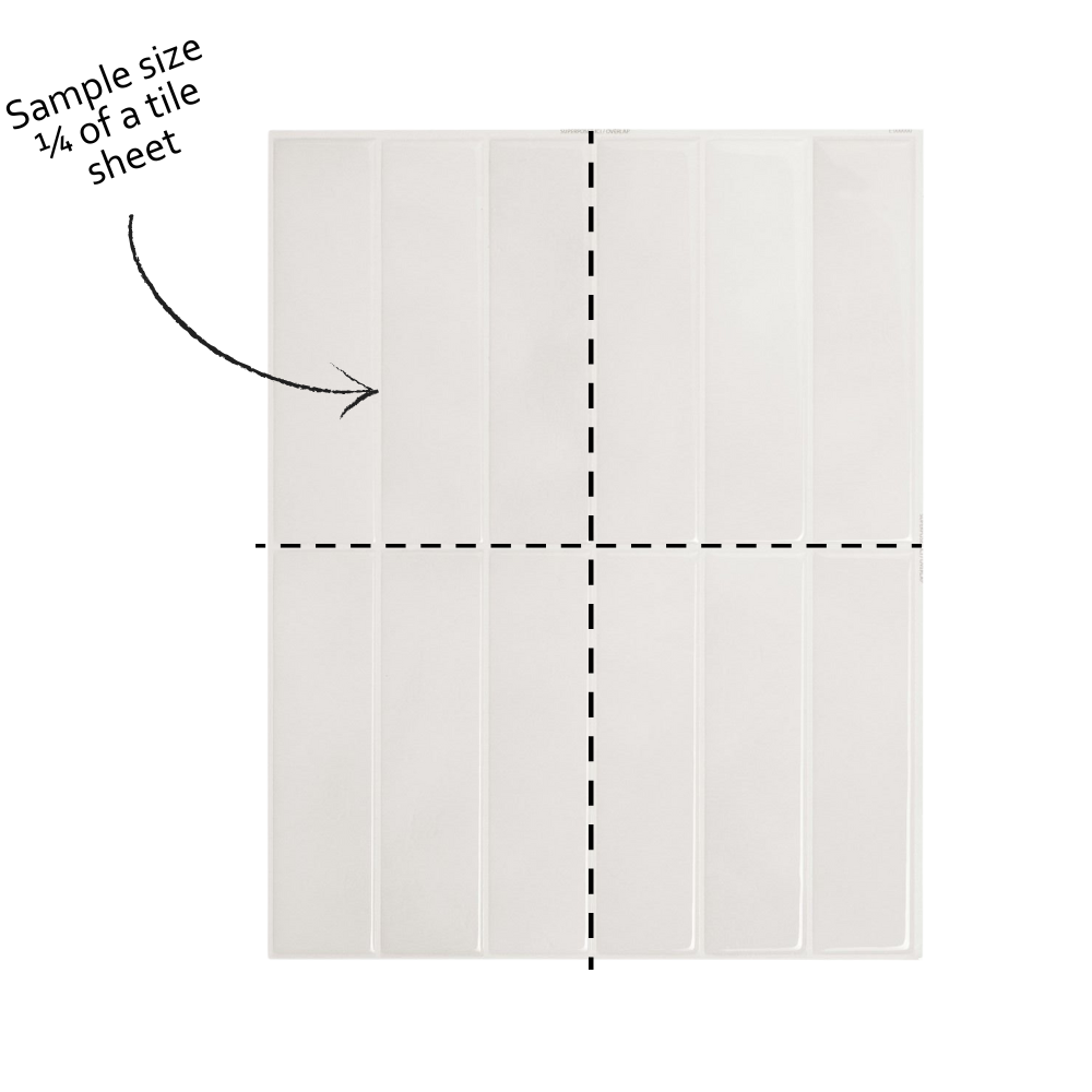 White tile sample with black lines and an arrow indicating a quarter-sized section.
