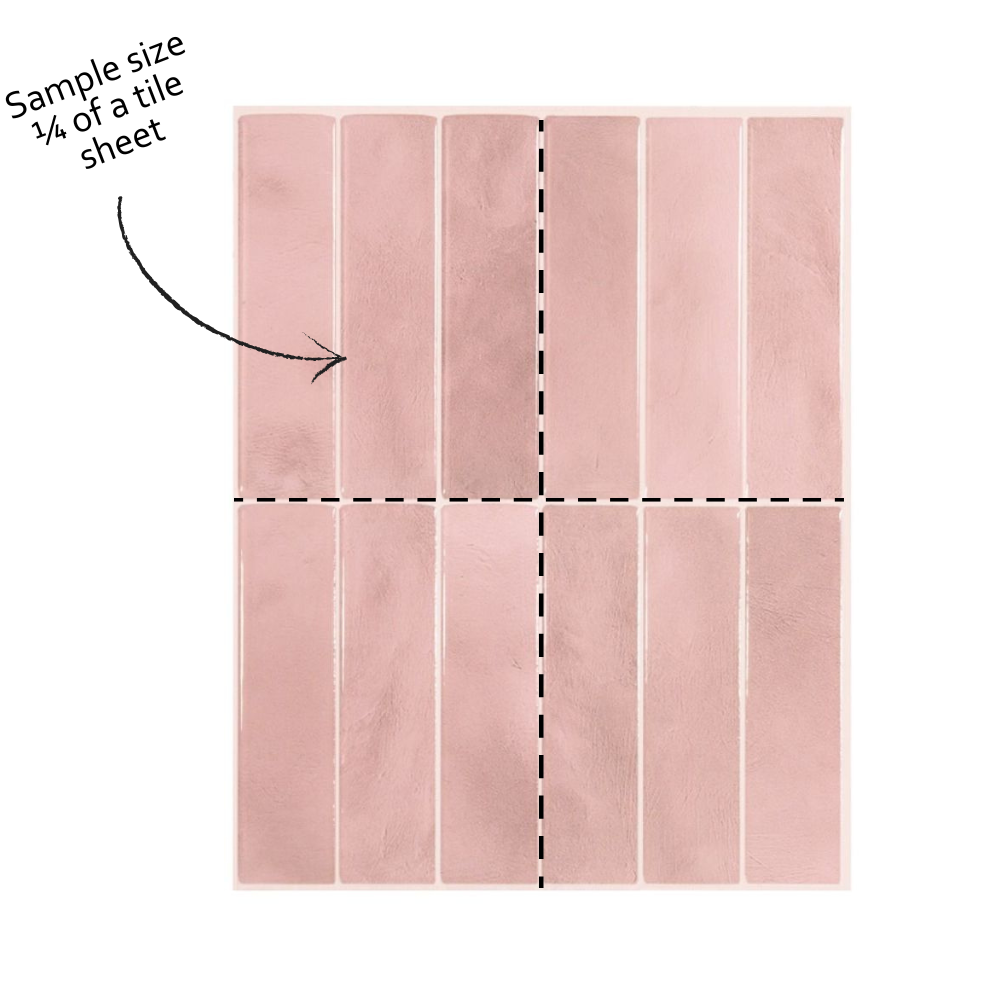 Pink tile sample with a dashed line indicating 1/4 of a tile sheet size.