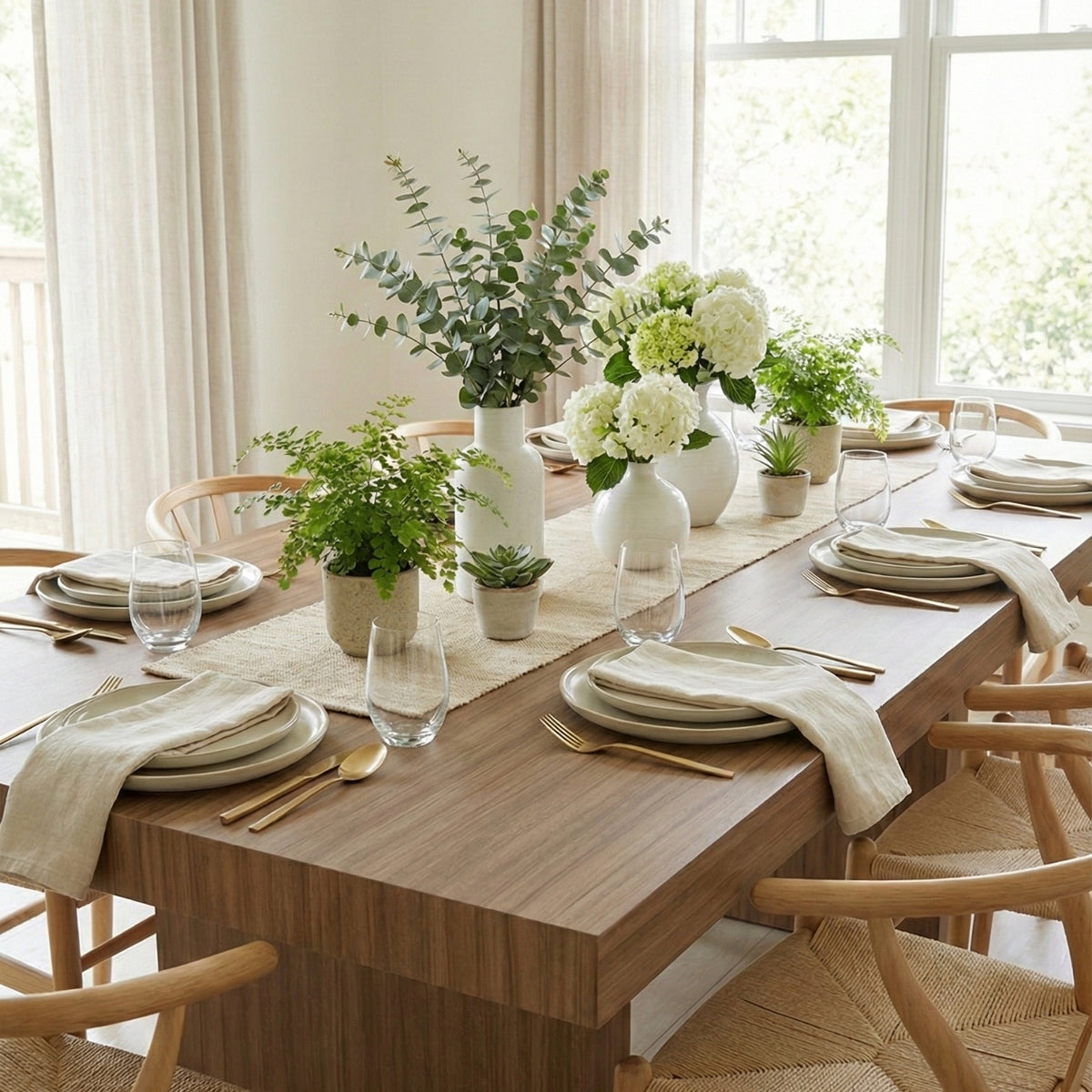 Dining table wrapped with wood grain adhesive vinyl set with plates, silverware, and floral arrangements in a bright room.