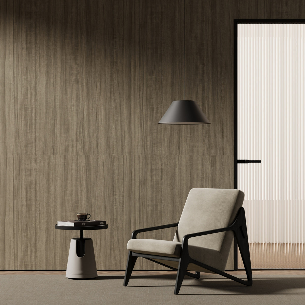Modern armchair in a minimalistic room with teak vinyl wrapped wall and side table.