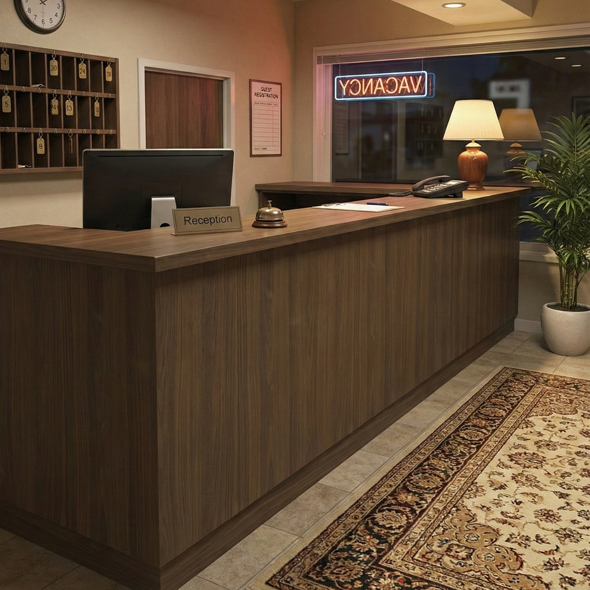 Reception desk covered with walnut adhesive vinyl in a lobby with a plant and decorative elements.