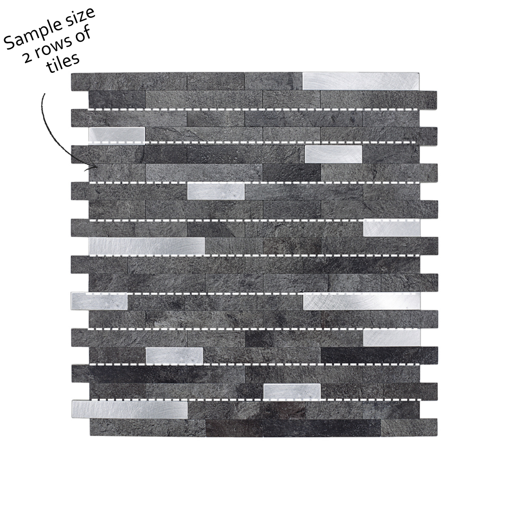 Sample size of a mosaic tile pattern with alternating dark and light rectangular tiles on a white background.