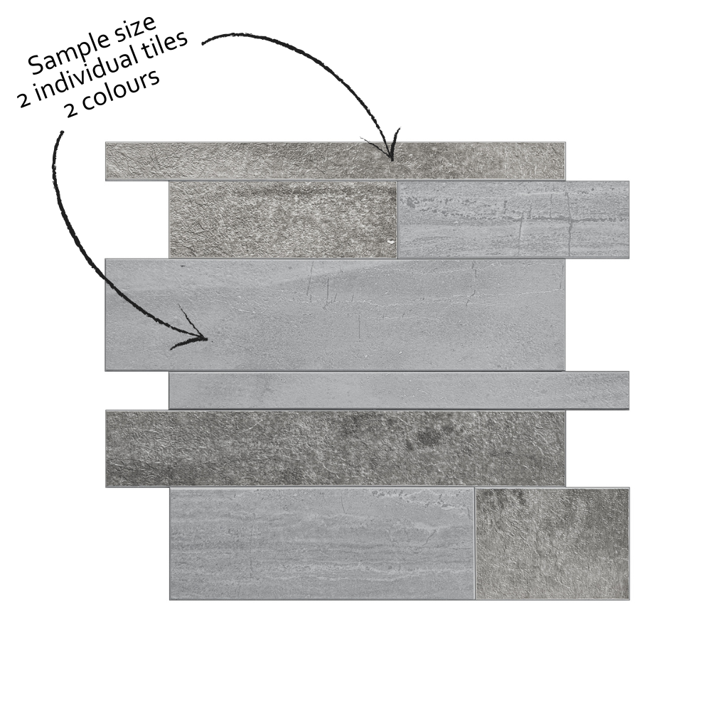 Sample size of two individual tiles in two colors on a white background