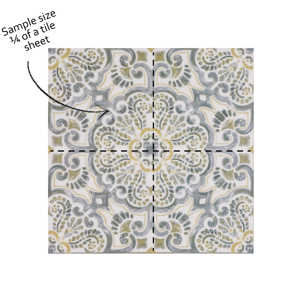 Patterned tile sample with a dashed line indicating 1/4 of a tile sheet.