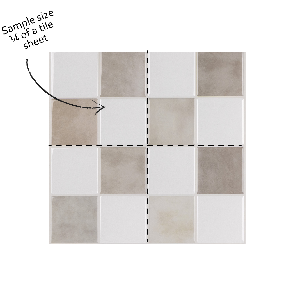 Tile sample with a dashed line indicating 1/4 of a tile sheet on a white background