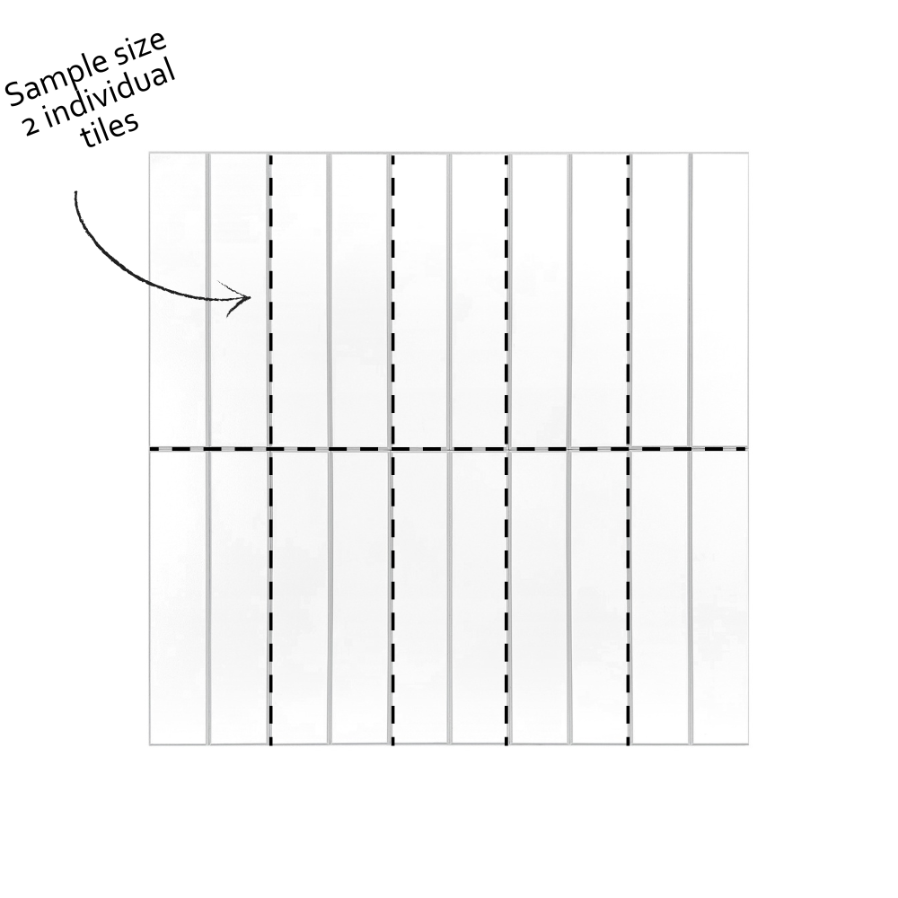 Diagram showing a kit kat tile with dashed lines and an arrow labeled 'Sample size 2 individual tiles'.