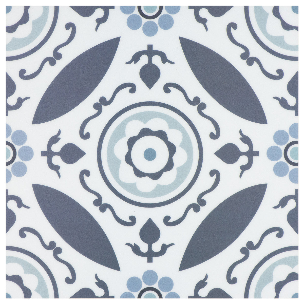Decorative tile pattern floor tiles with blue and grey design on a white background