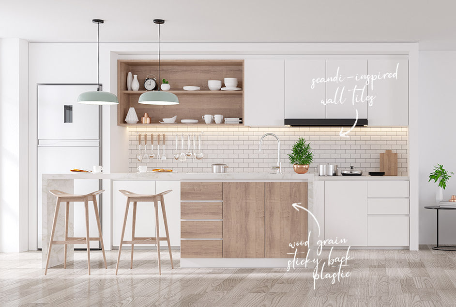 part white and part wooden oak vinyl wrapped modern kitchen with white subway vinyl wall tiles as a splash back