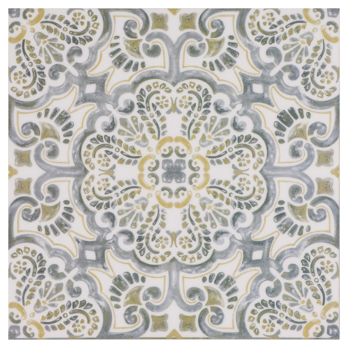 Decorative tile with intricate pattern in grey, yellow, and white