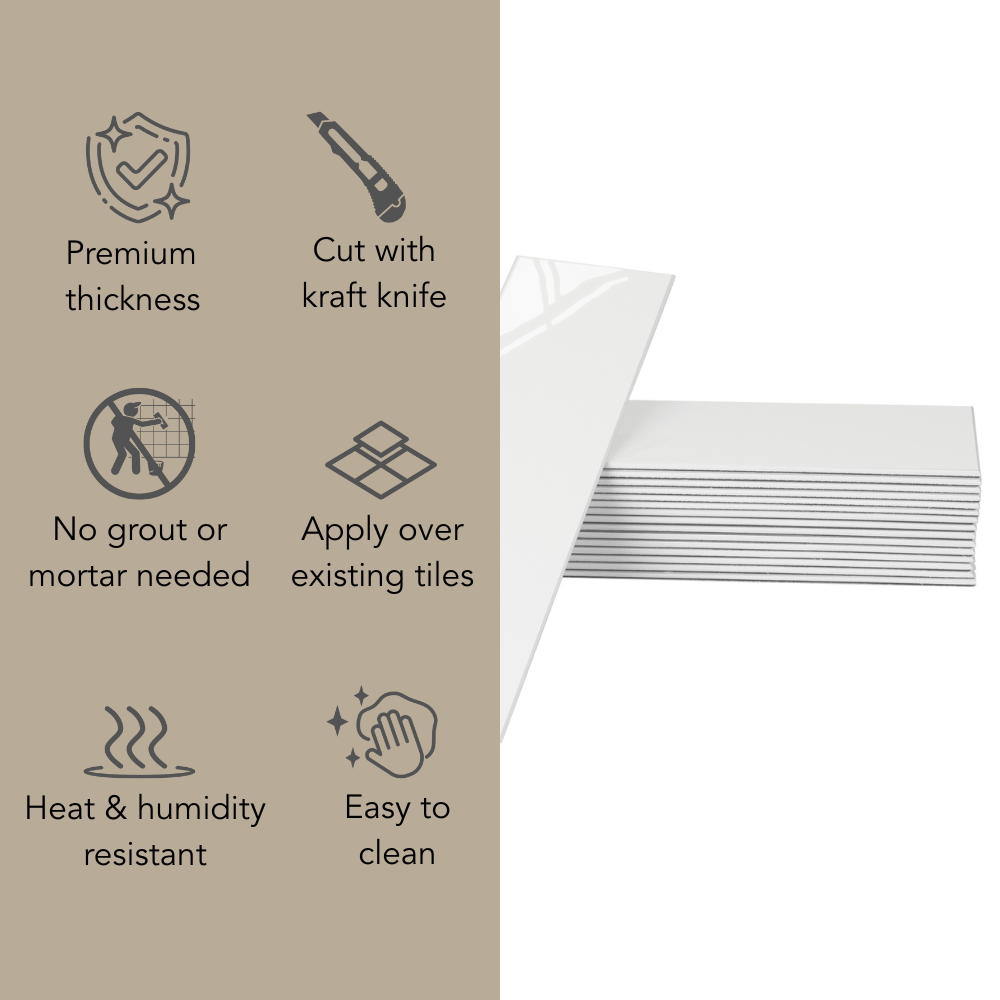 FLEXI Rectangular White Gloss | Self-adhesive PREMIUM Composite Tiles - 30.0cm (W) x 7.5cm (H) x 3.3mm (T)