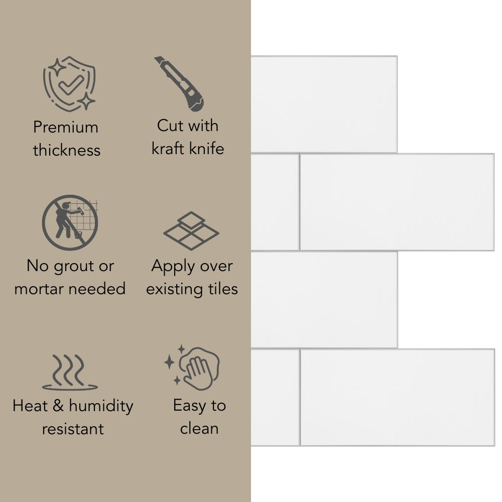 Subway white gloss composite tiles features