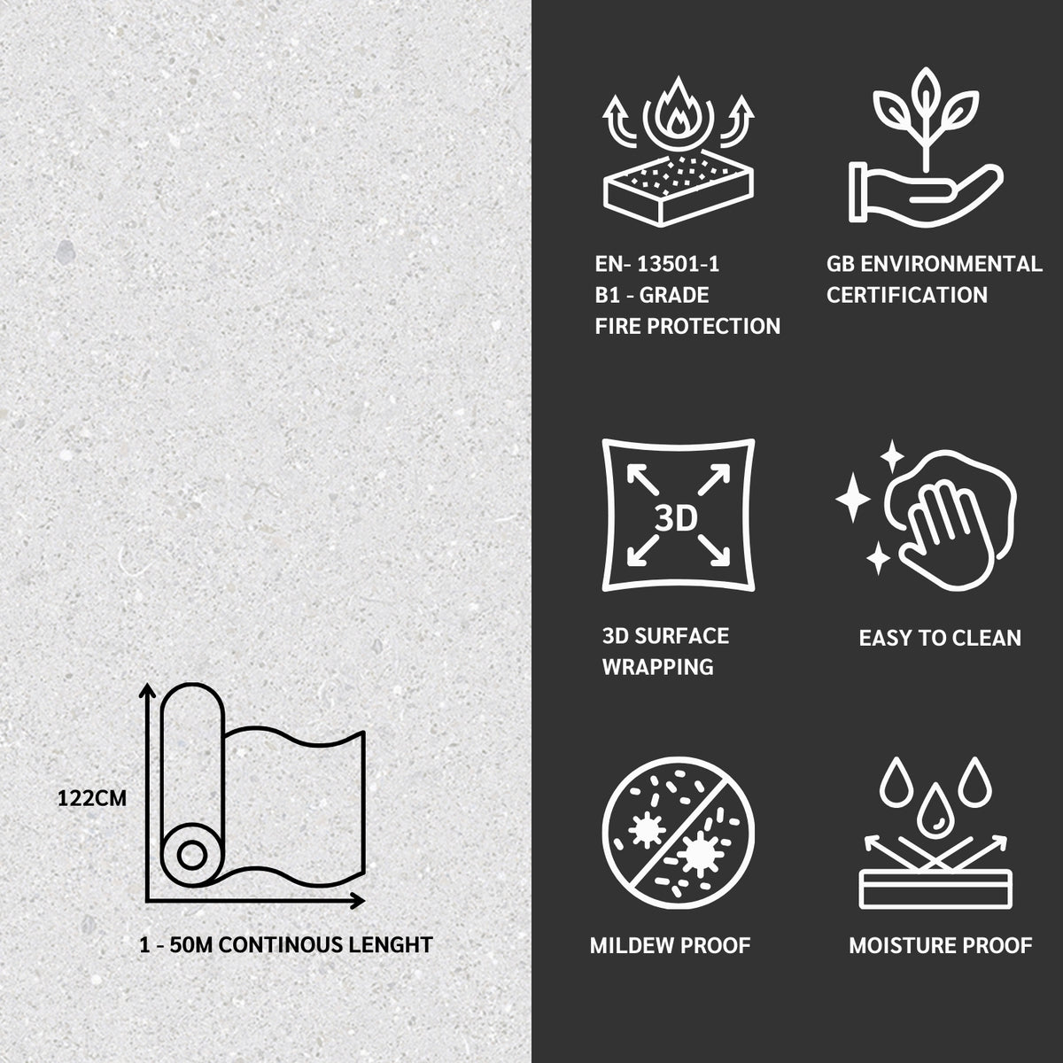 Product features with icons and text on a grey and black background