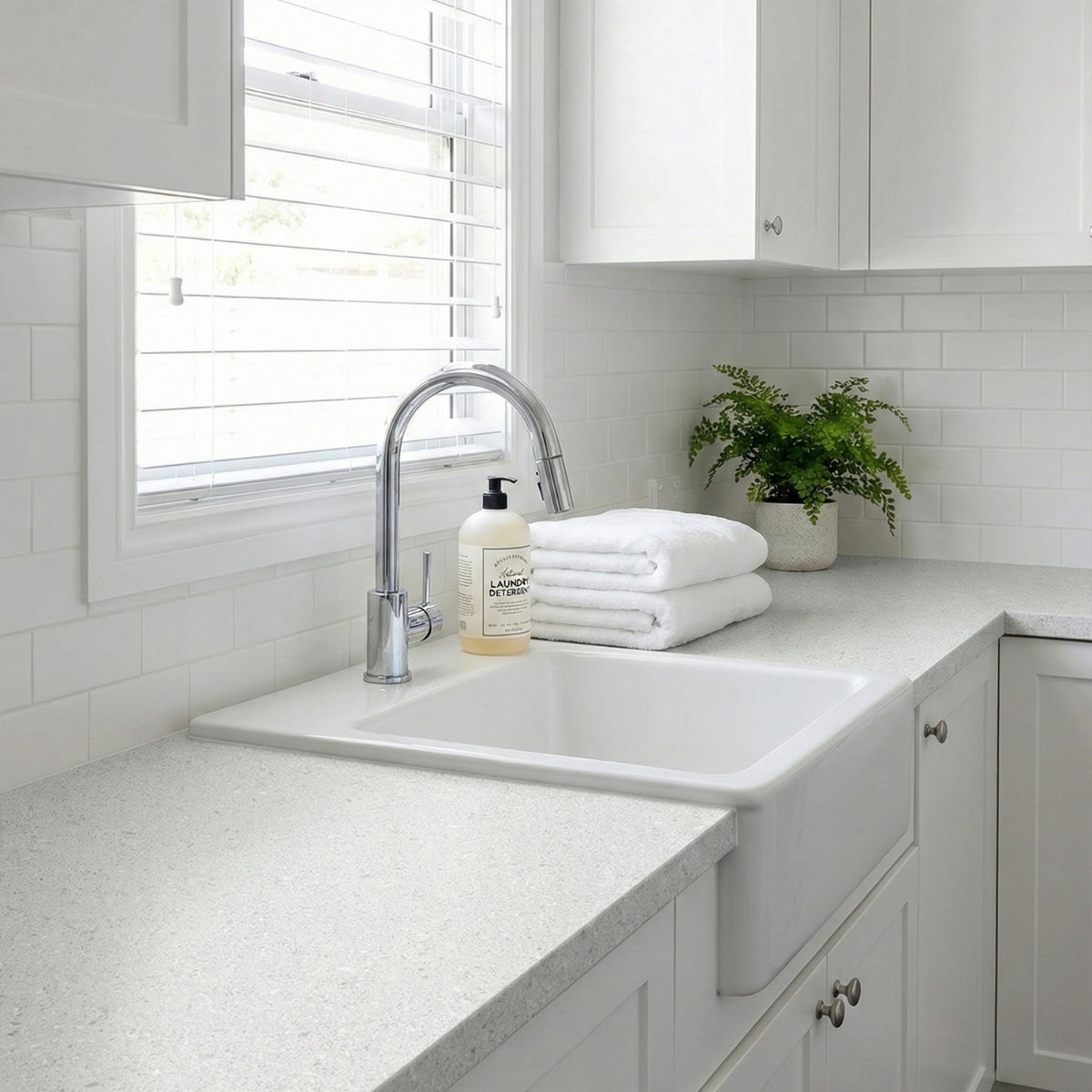White laundry with sink, towels, and plants on a grey micro terrazzo countertop.