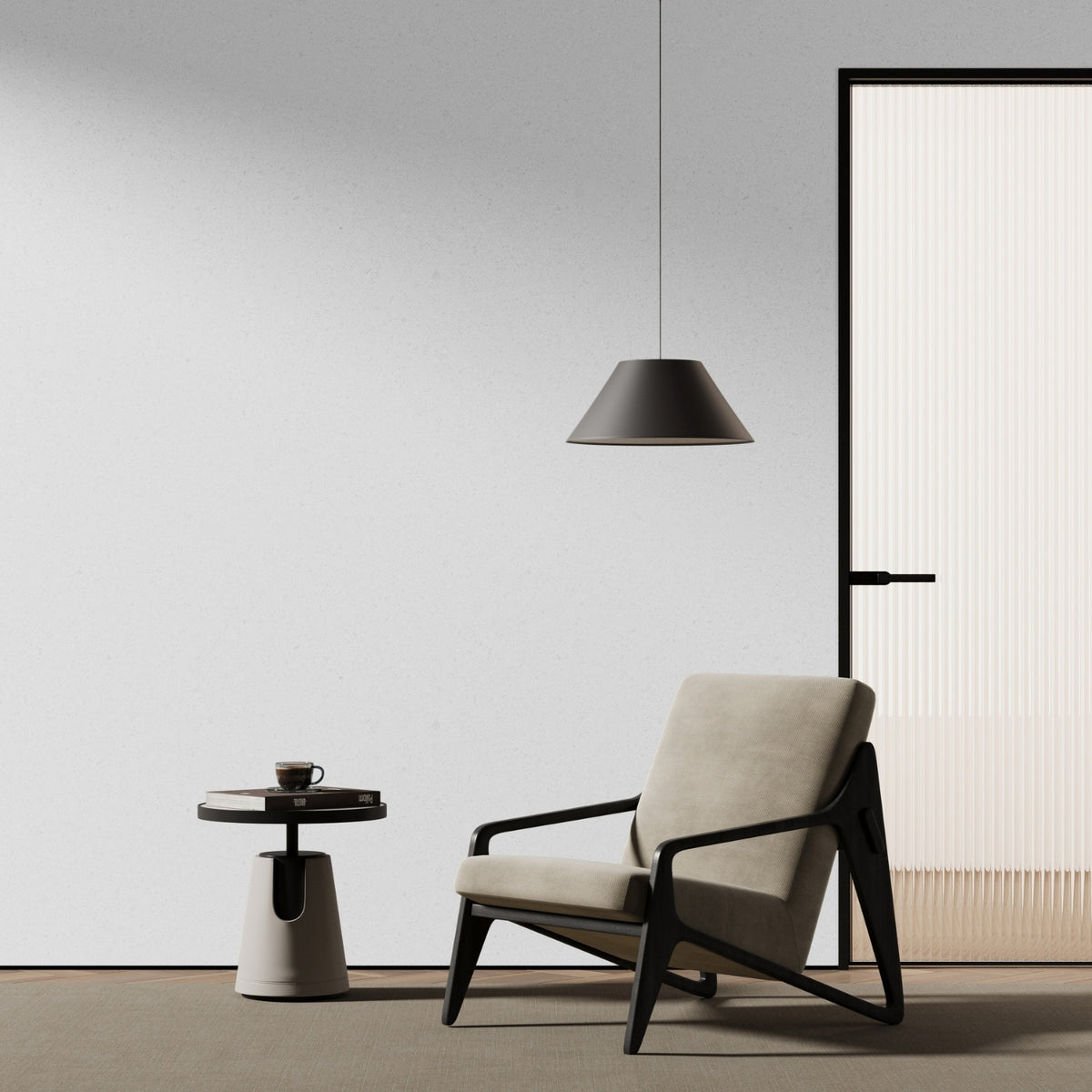 Modern armchair with a side table and pendant light in a minimalistic room with lunar stone micro terrazzo adhesive vinyl on the wall.