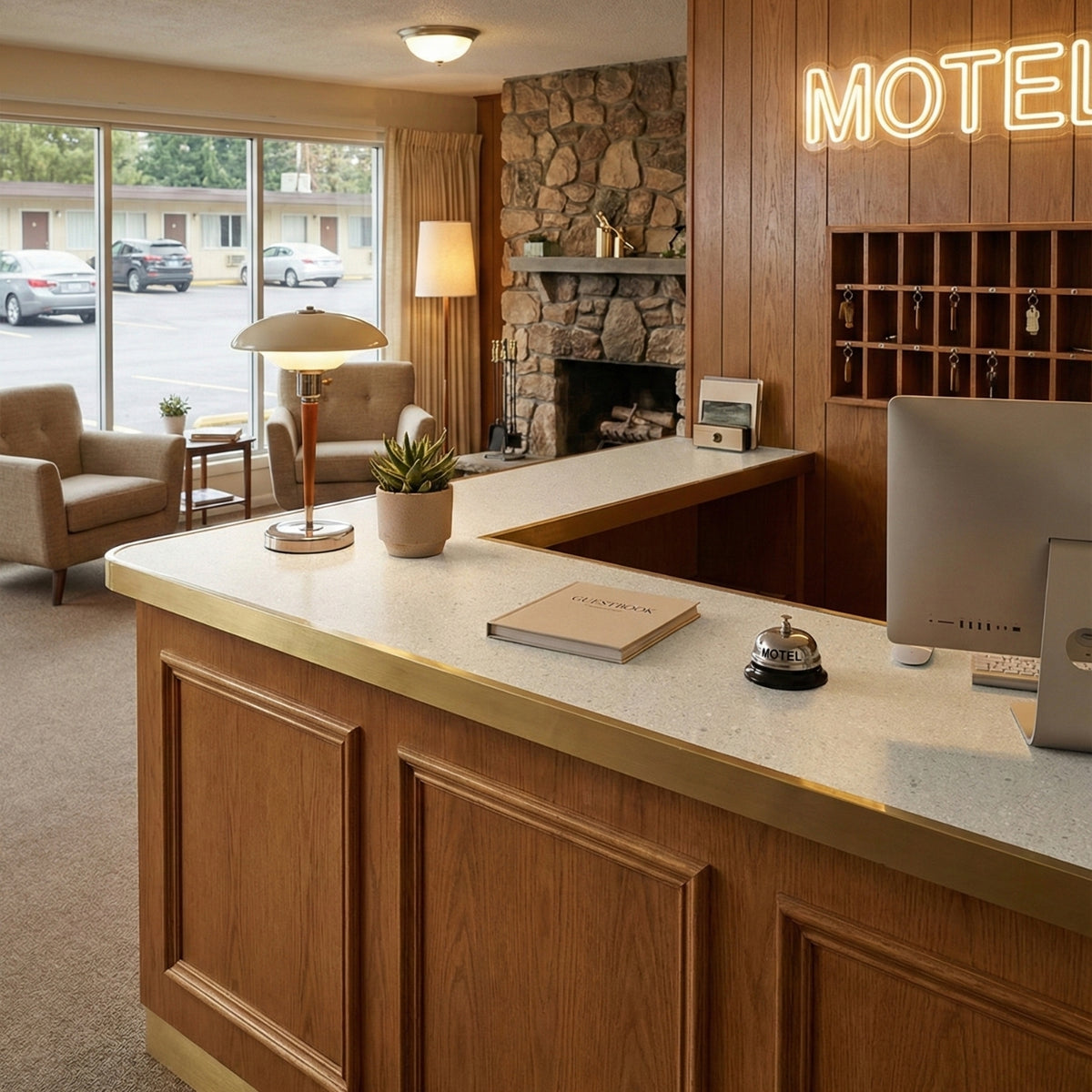 Hotel reception area with a vinyl wrapped counter, chairs, and a neon 'Motel' sign.