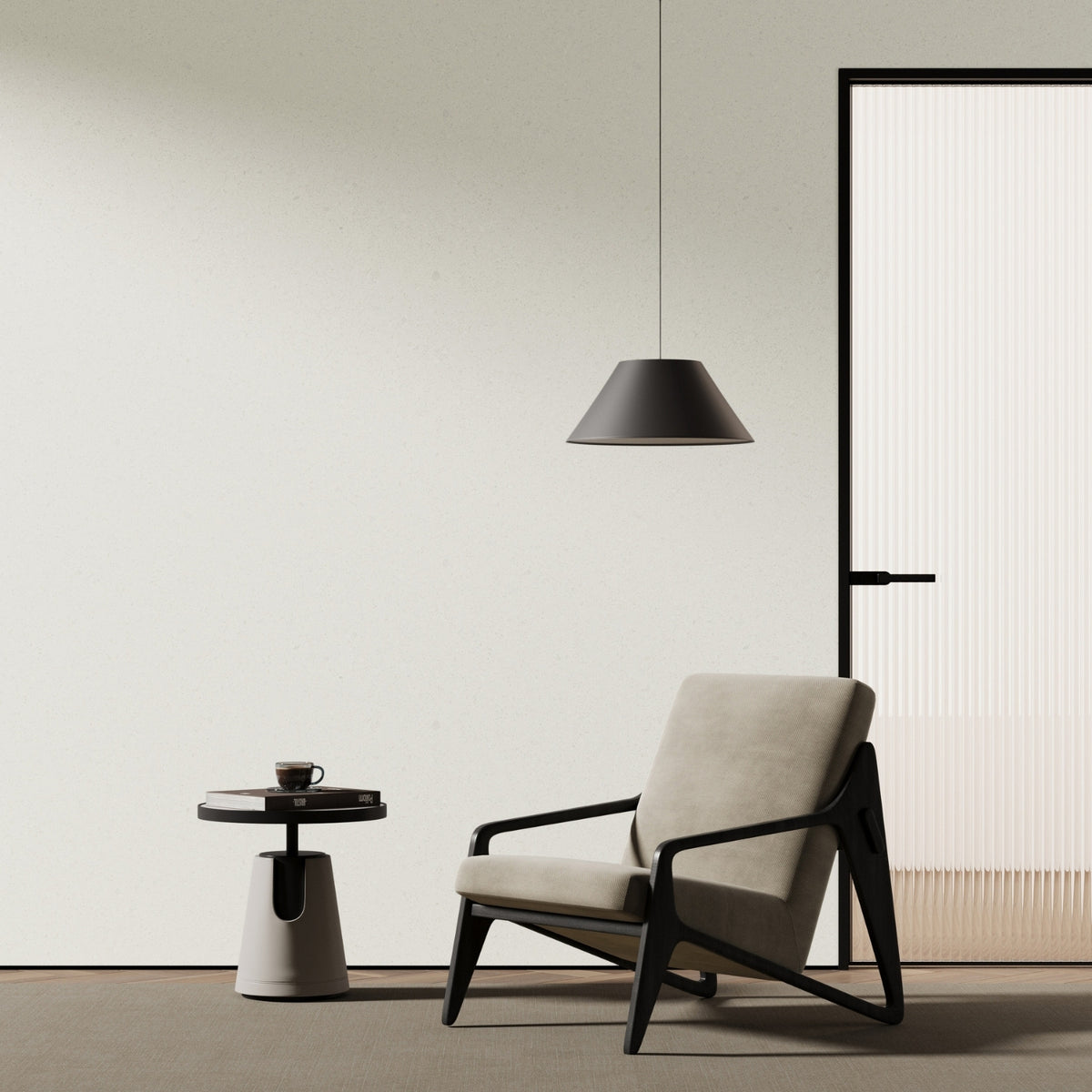 Modern armchair with a side table and pendant light in a minimalistic room with a greige stone vinyl wrapped wall.