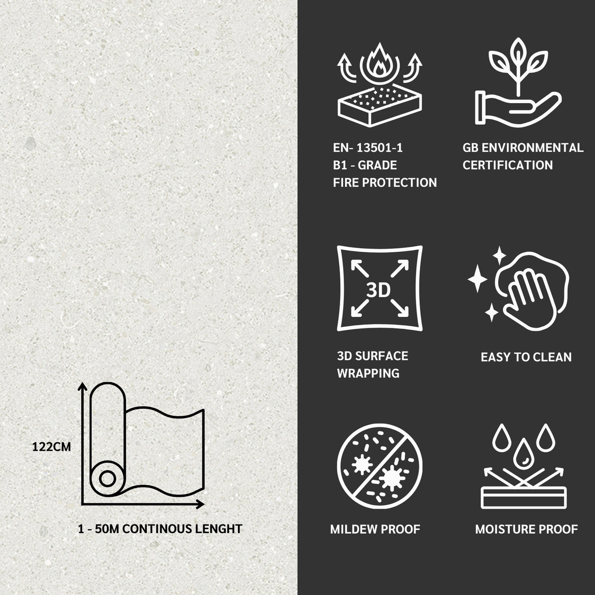 Product features with icons and text on a grey and black background