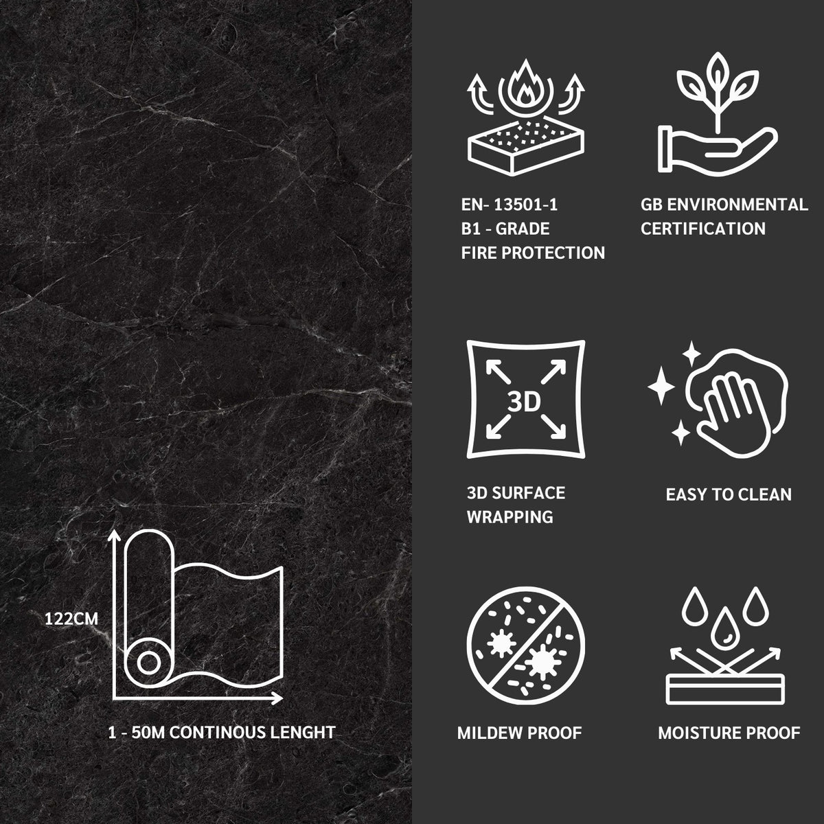 Set of icons and text on a dark background with fire protection, environmental certification, and other features.