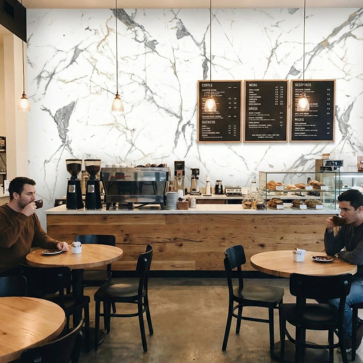 Modern coffee shop interior with marble wrapped walls, wooden counter, and customers seated at tables.