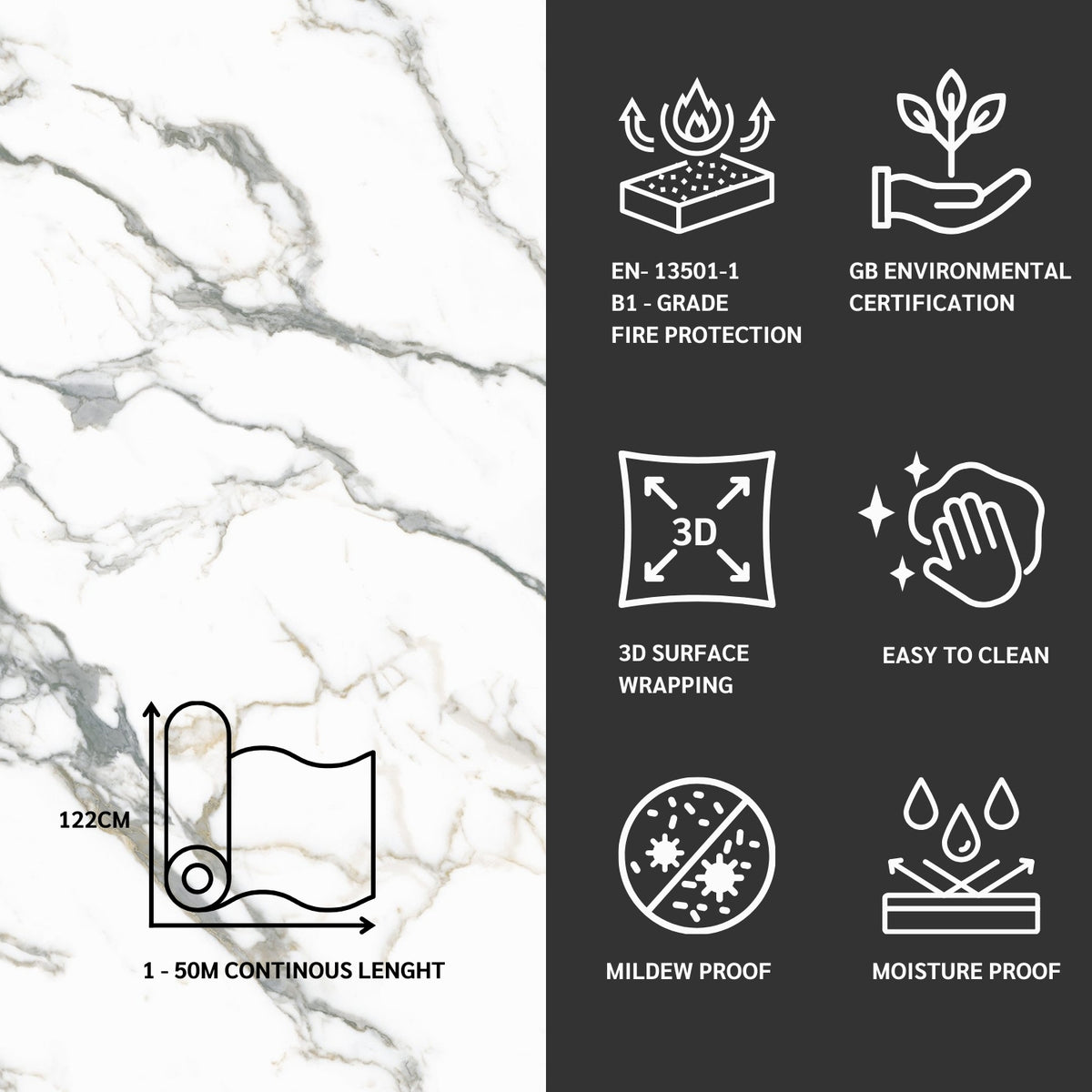 Marble texture with certification icons and product features on a black background