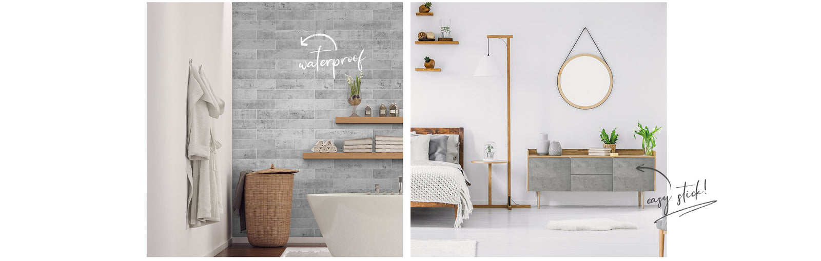 bathroom to the left with grey concrete subway tiles and living room to the right with lowboy unit covered in concrete vinyl