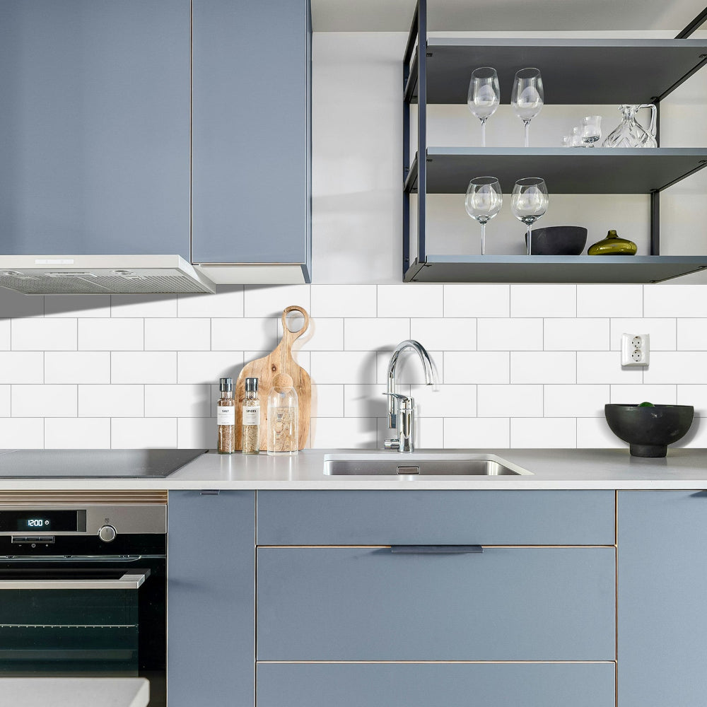 Subway white gloss composite tiles in kitchen