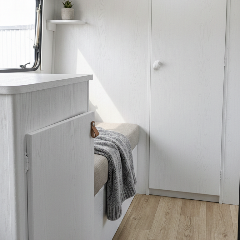Small kitchenette with white cabinets, countertop, and wooden floor.