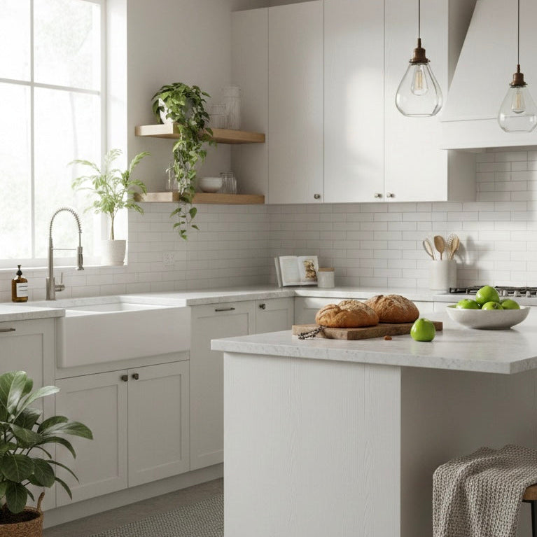 Modern kitchen with white cabinets, island, and decor