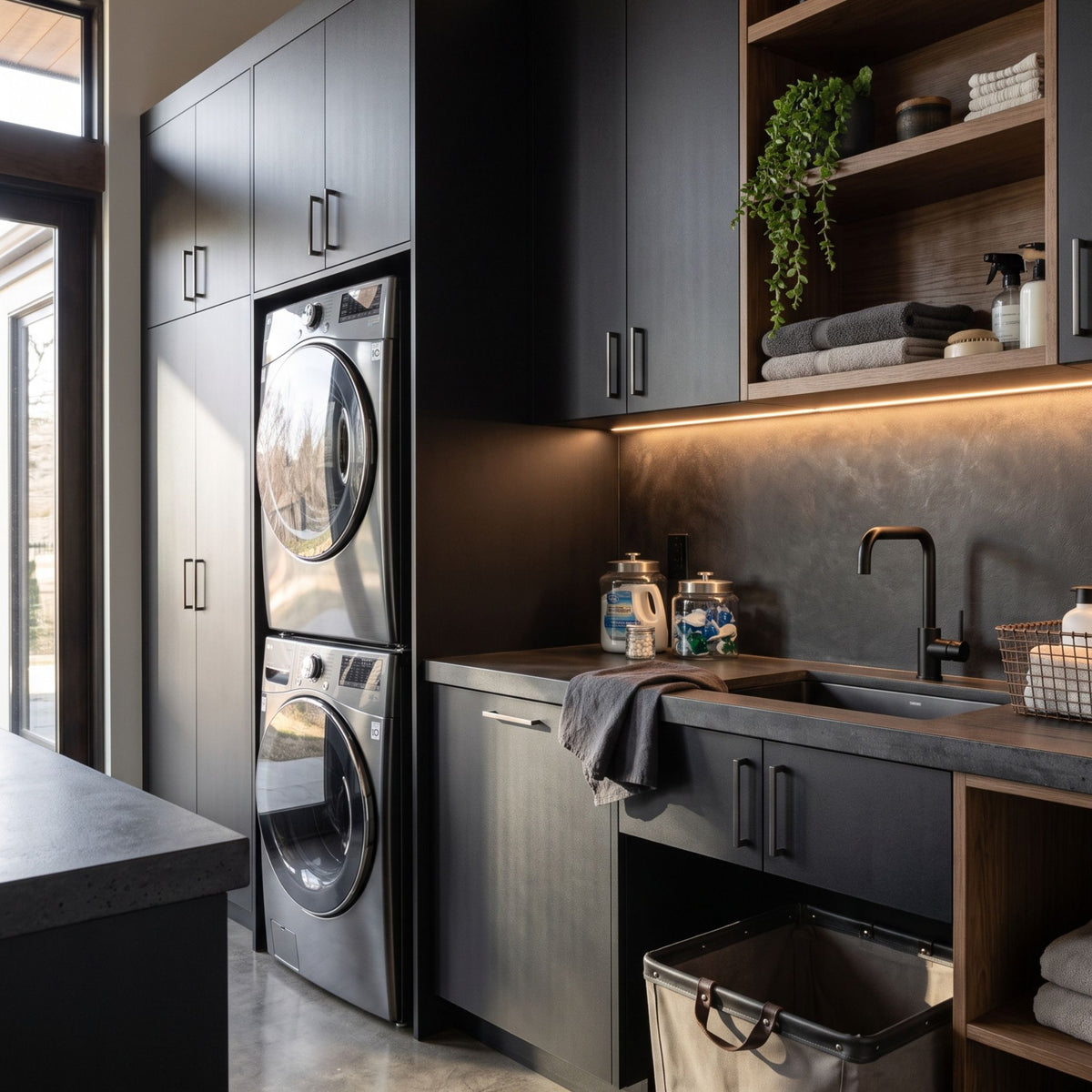 masculine laundry with black texture vinyl covered cupboards