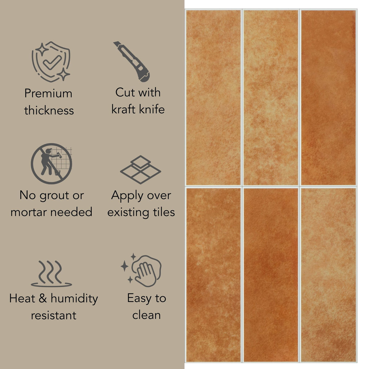 A product information graphic showing six square terracotta orange tiles on the right and feature icons/text on the left, including premium thickness, cut with a kraft knife, no grout needed, heat and humidity resistant, and easy to clean.