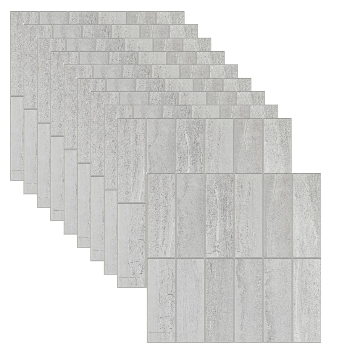 A set of light grey stone-look rectangular wall tiles arranged in a staggered stack on a plain white background.