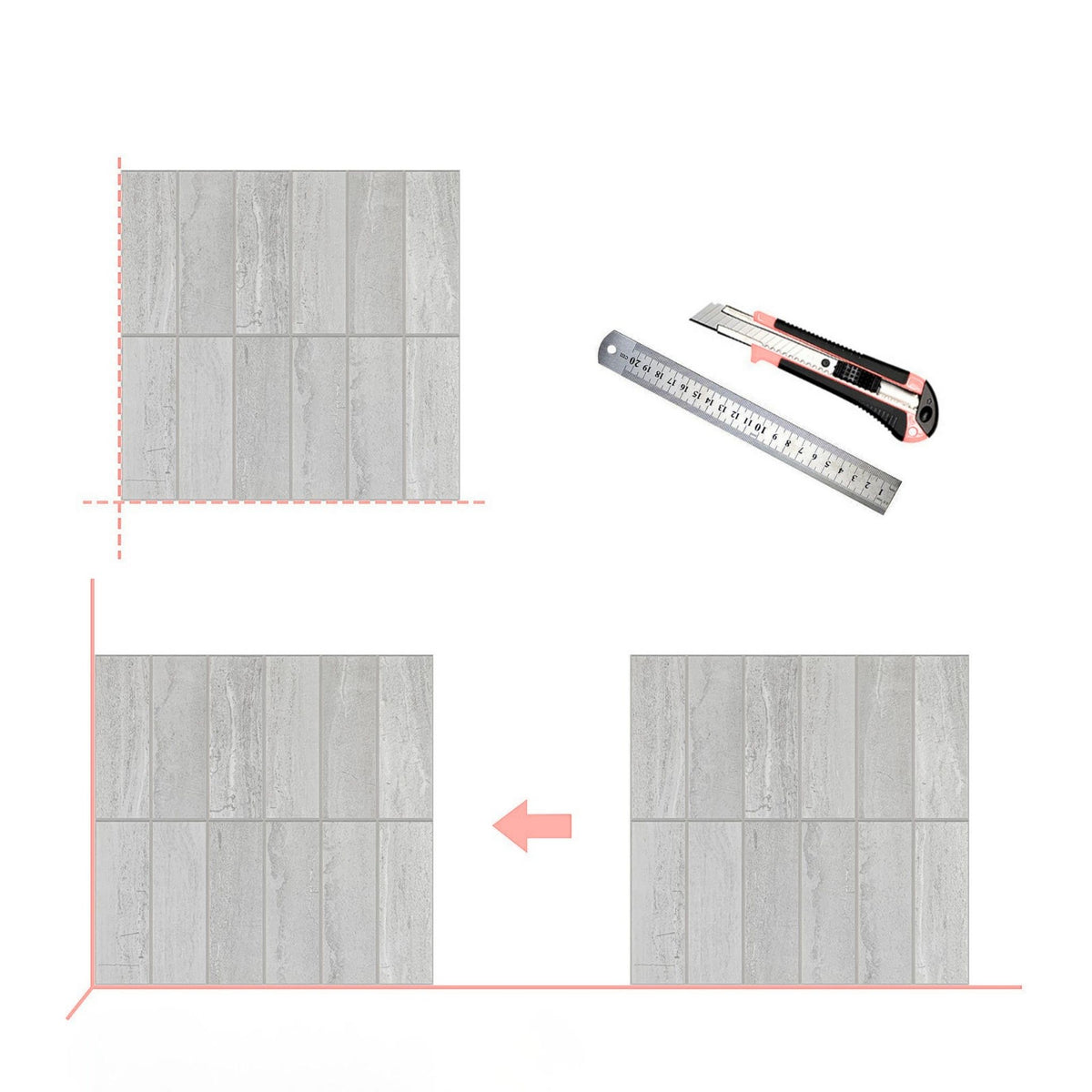 An installation guide showing two square grey concrete-look tile samples with pink dashed alignment guides and a pink arrow pointing to one sample, alongside a utility knife and a metal ruler on a white background.