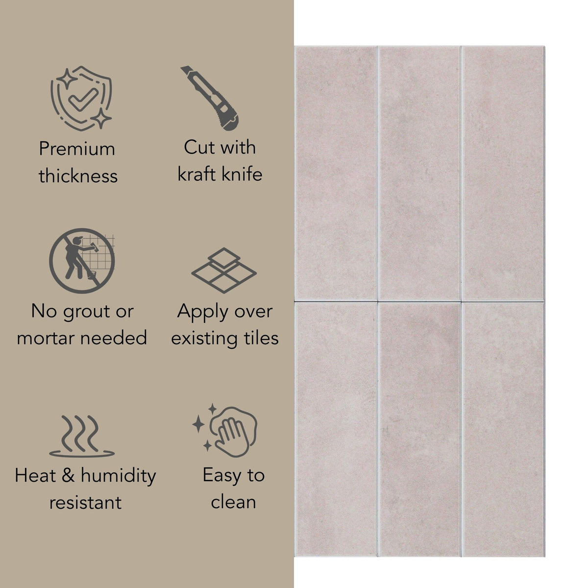 Six rectangular light pink tiles shown on a beige background with feature icons and text reading Premium thickness, Cut with kraft knife, No grout or mortar needed, Apply over existing tiles, Heat & humidity resistant, and Easy to clean.